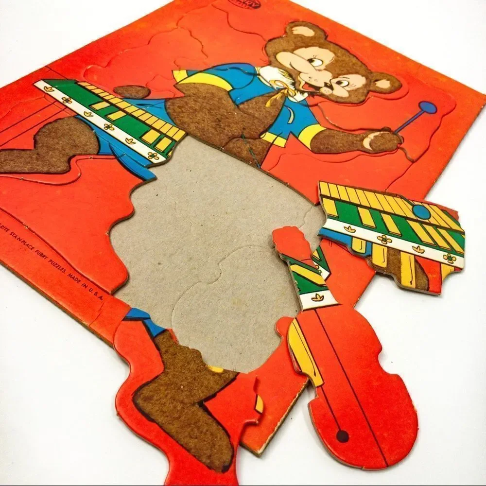 2 Built Rite Fuzzy, Furry Puzzles - Bunny/Bear, 1950’s Vintage